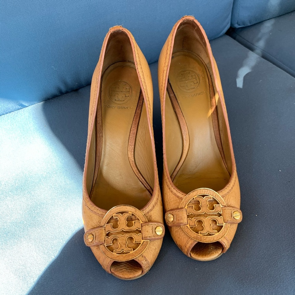 Classic Tory Burch wedge peep toe heels